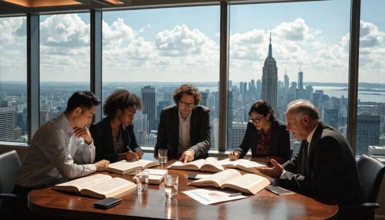 Business professionals discussing international arbitration clauses in a modern conference room