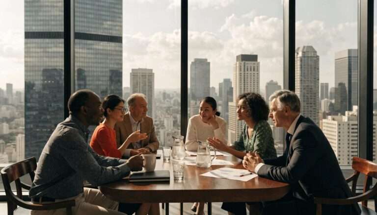 Business meeting between investors and local officials discussing foreign direct investment strategies