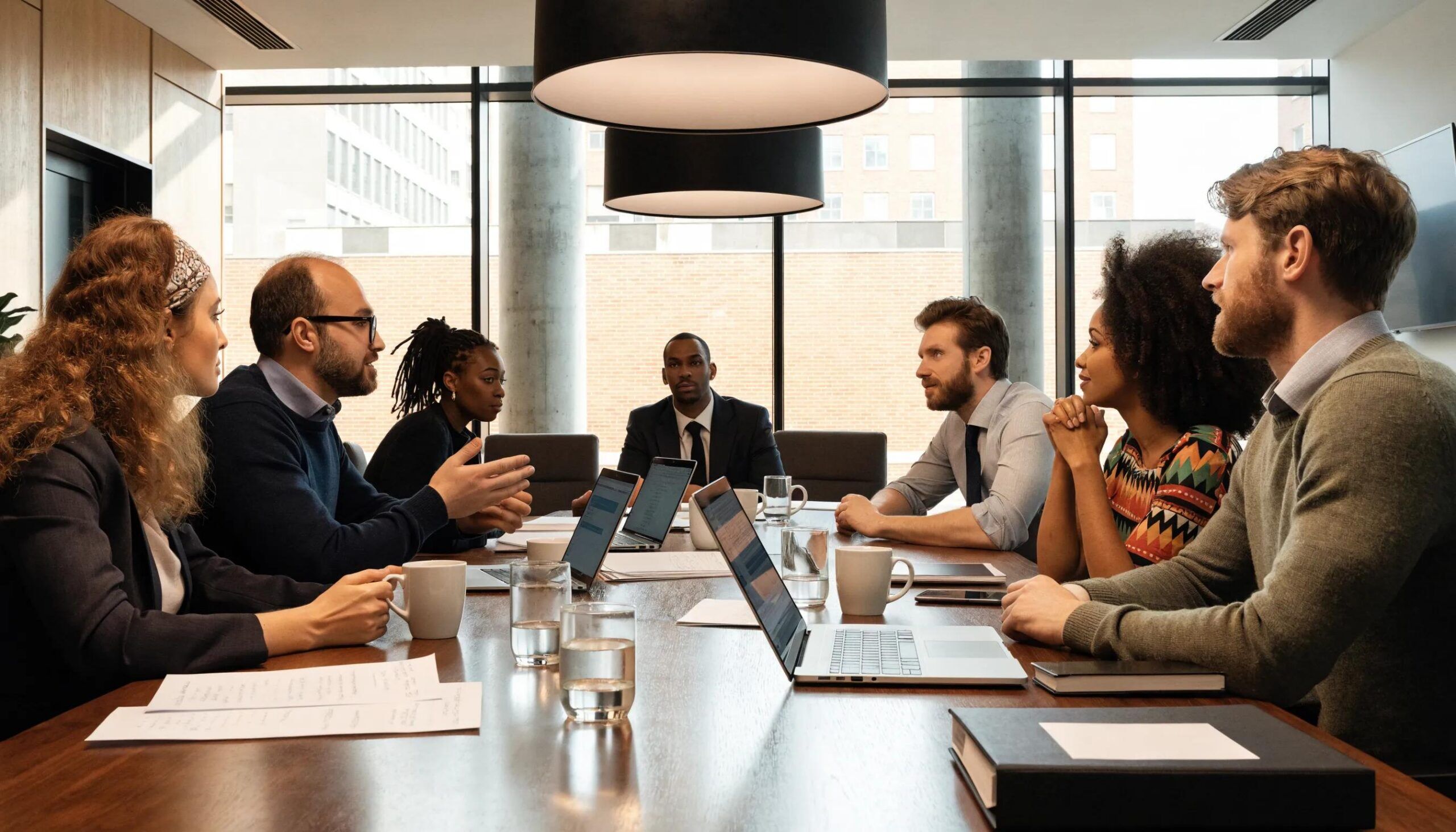 Diverse business professionals discussing corporate governance and minority shareholder representation