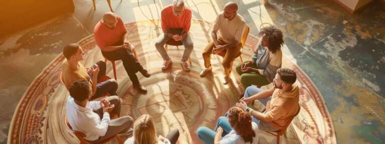 a diverse group of people engaged in a peaceful and constructive discussion, surrounded by mediation symbols and tools.