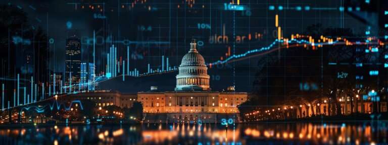 a dramatic skyline of the u.s. capitol building shrouded in deep shadows, illuminated by flashes of economic graphs and tariff symbols, emphasizing the looming impact of the 2025 tariff increases on trade.