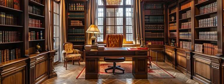 an elegant law office with shelves of leather-bound books and a large antique desk, embodying the sophistication and gravity of private fund advising legal matters.