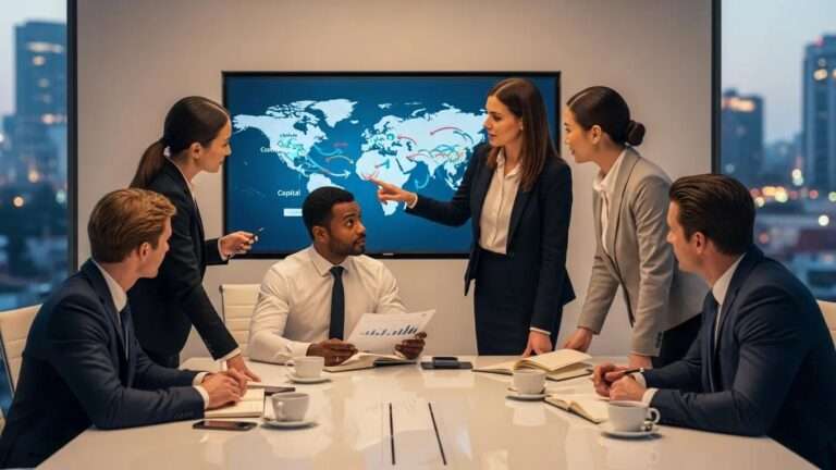 Diverse business professionals discussing international investment strategies in a modern office