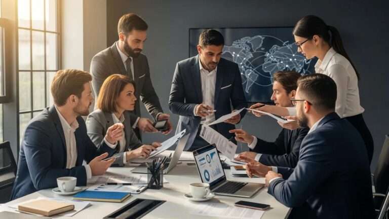 Business professionals collaborating on international contracts in a modern office