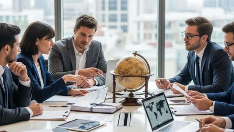 Business professionals discussing cross-border contract enforcement in a modern office with legal documents and globe