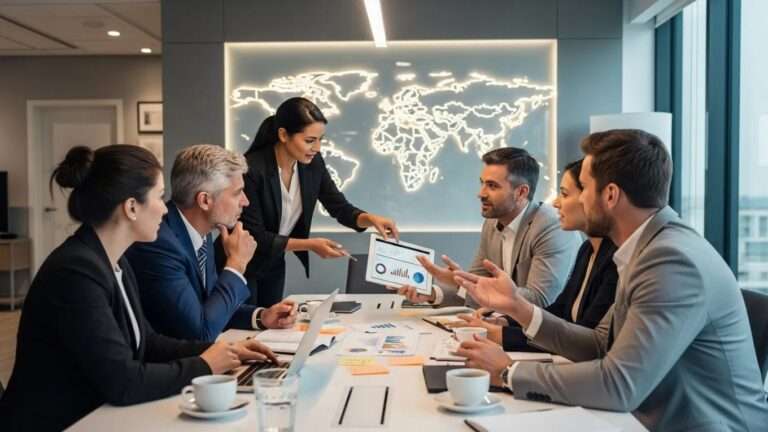 Diverse group of professionals discussing international business strategies in a modern office