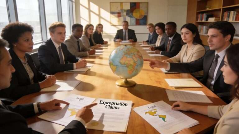 Business professionals discussing expropriation claims in an international arbitration context