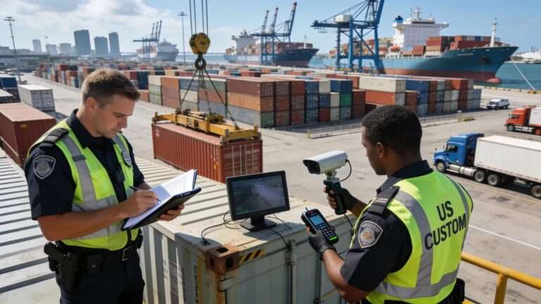 Port of Miami with customs officials inspecting cargo, offering a glimpse into the customs enforcement process