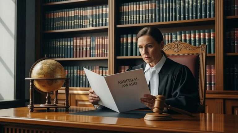 Judge reviewing an arbitral award in a courtroom