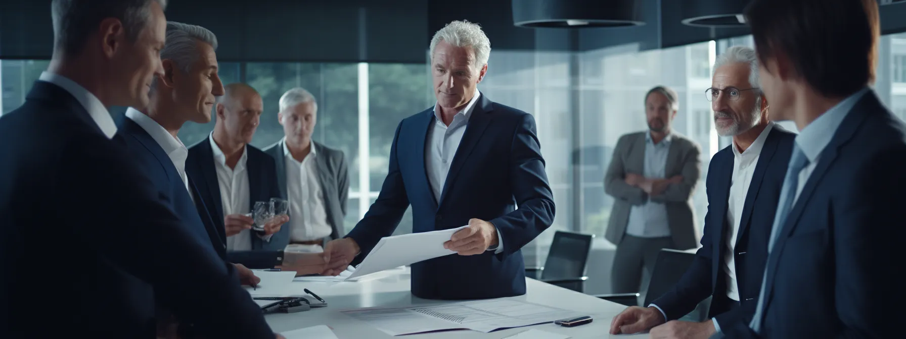 a group of business executives shaking hands and exchanging documents in a boardroom involving mergers and acquisitions strategies.