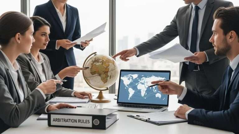 Business professionals discussing international arbitration in a modern office