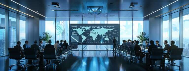 a sleek, modern conference room filled with professionals engaged in a strategic discussion on nuclear power foreign direct investment, with a digital presentation highlighting key protective measures and isds prominently displayed on a large screen.