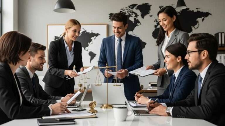 Business professionals collaborating on cross-border investment strategies in a modern office