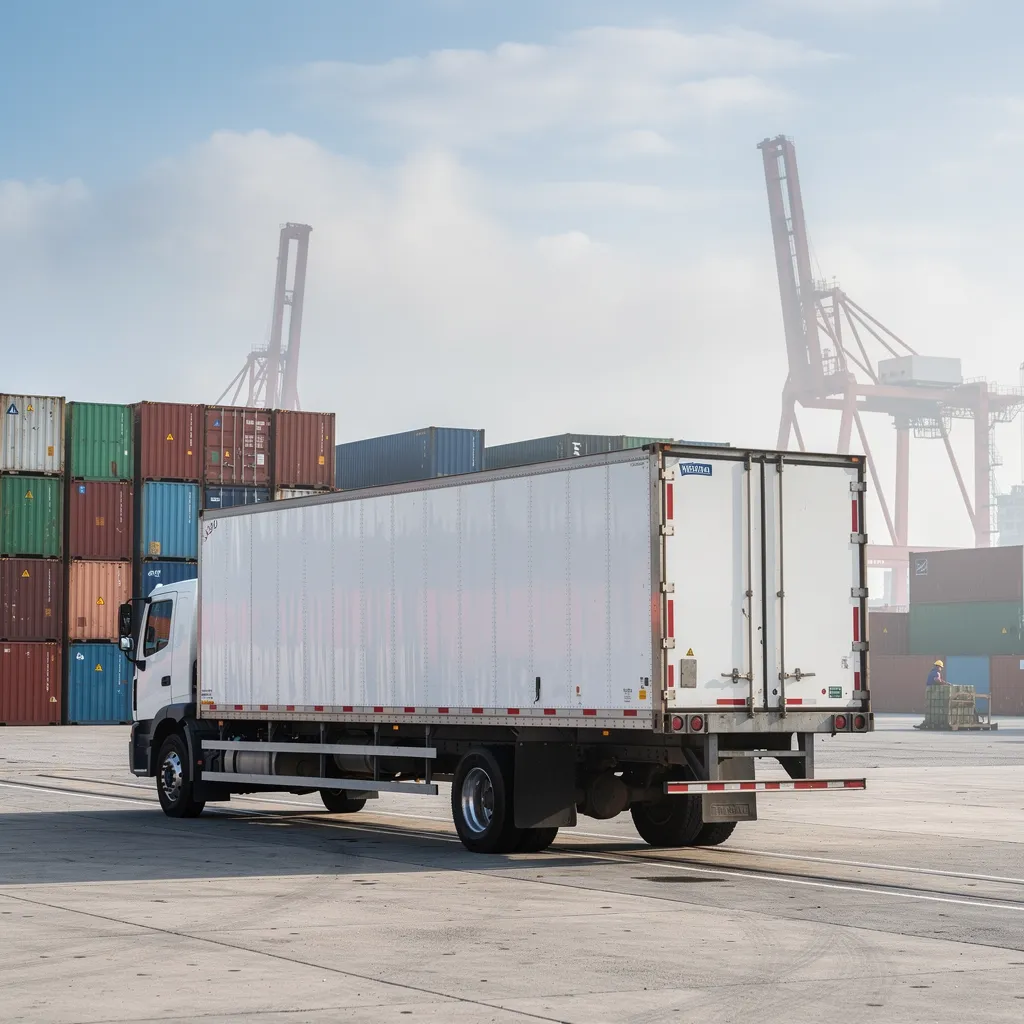 Box truck and shipping containers at a cargo terminal