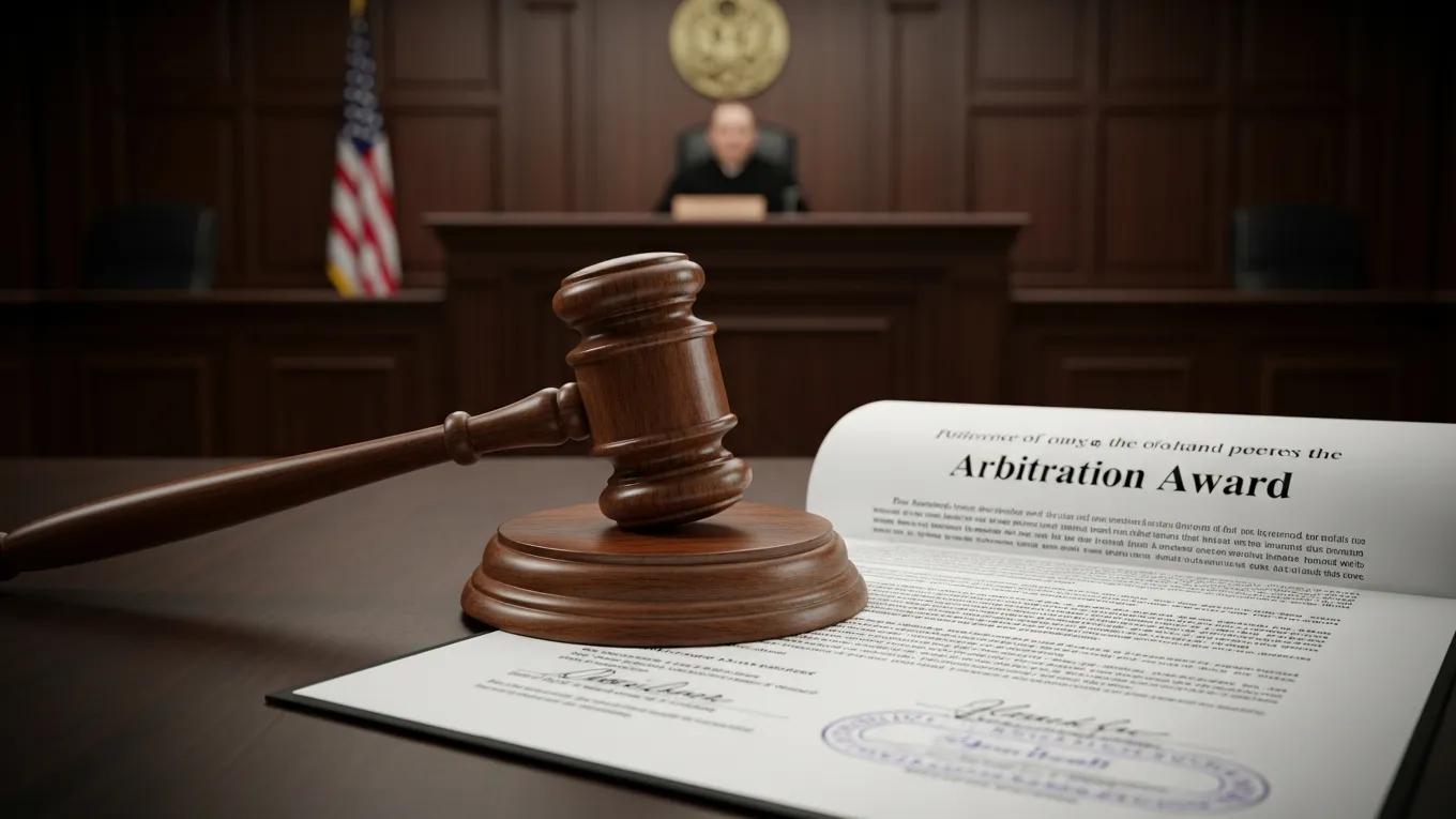 Gavel on legal document representing arbitration award issuance