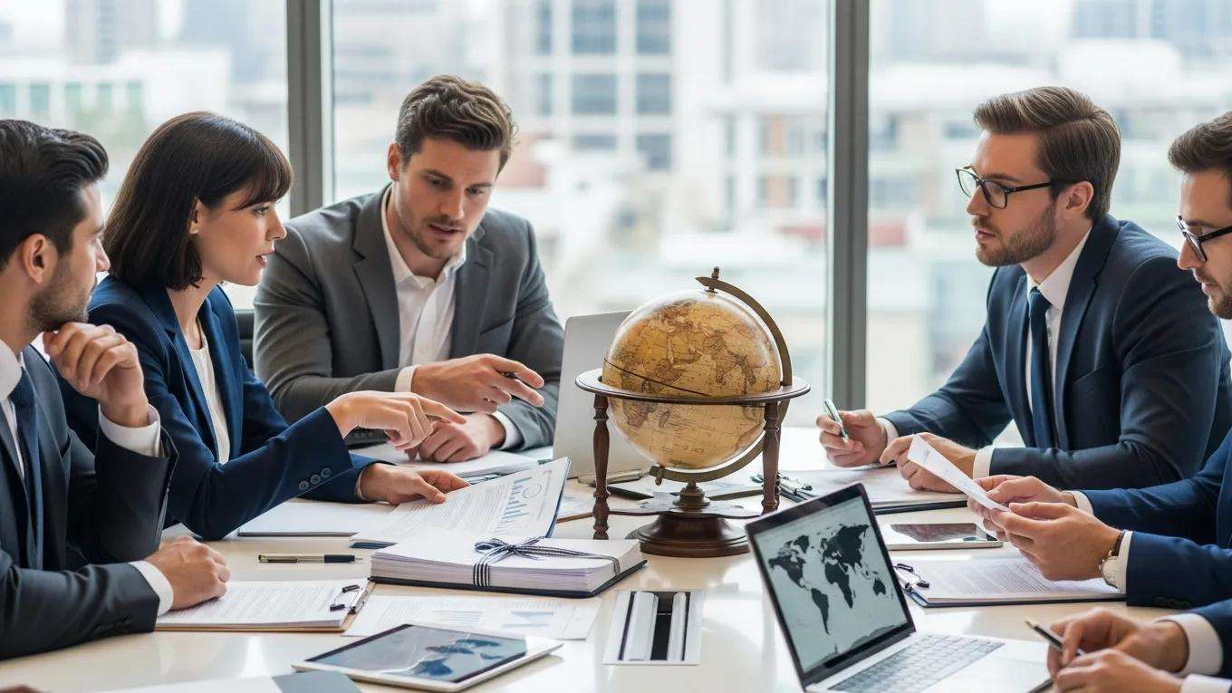 Business professionals discussing cross-border contract enforcement in a modern office with legal documents and globe