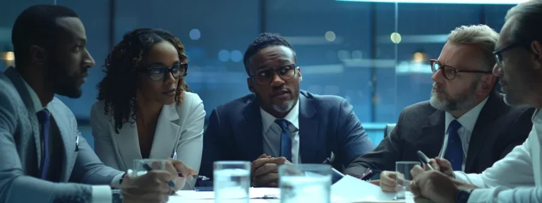 a diverse group of investors studying a detailed checklist in a boardroom.