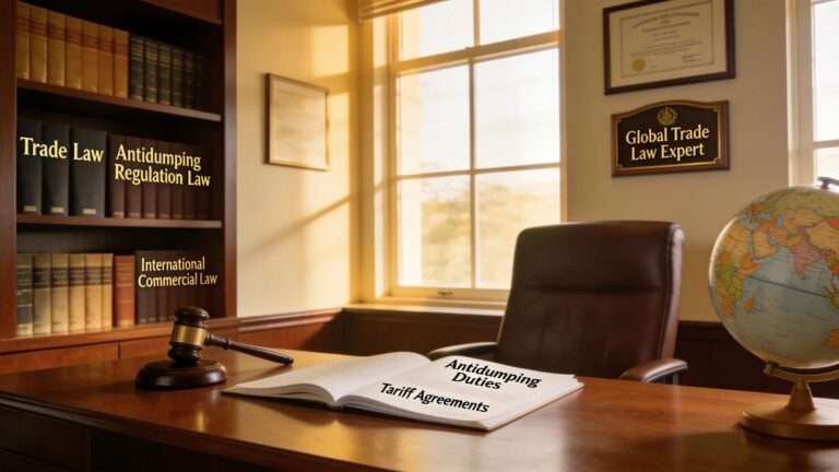 Image of a lawyer's office featuring legal books, documents, and a globe, representing trade law and antidumping duties