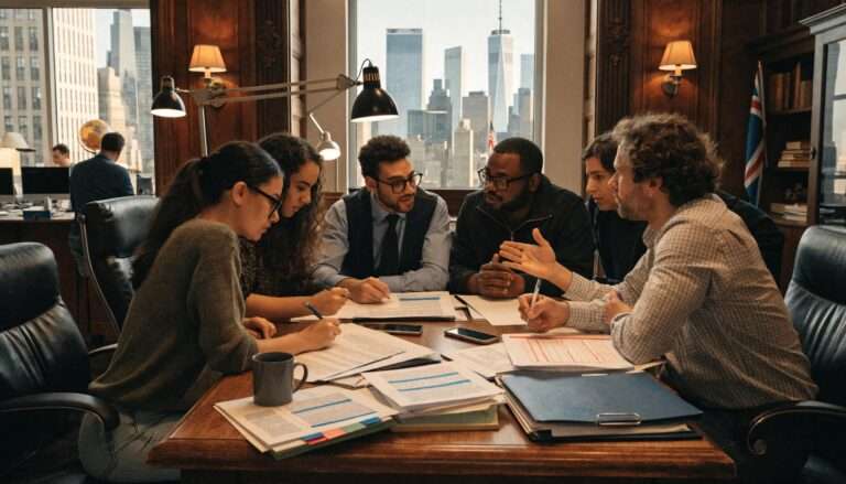 Legal professionals discussing litigation and international arbitration strategies in a conference room