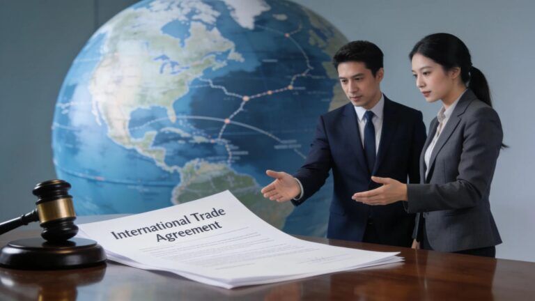 Lawyers discussing international trade agreement and CISG Article 79 with globe and gavel in foreground.