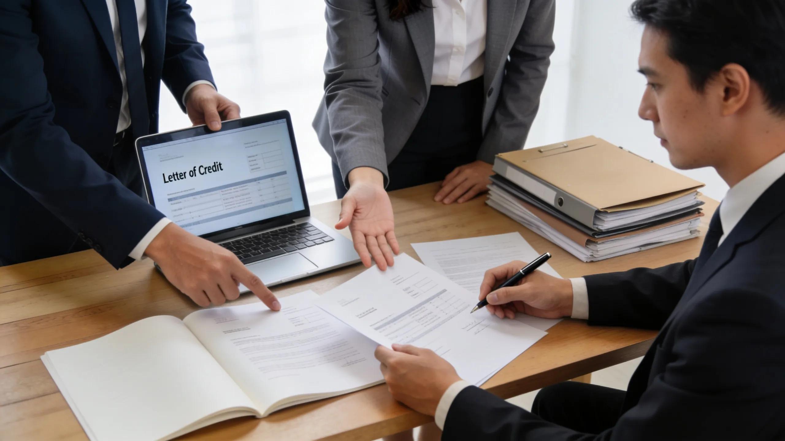 Business professionals discussing letters of credit in an office setting