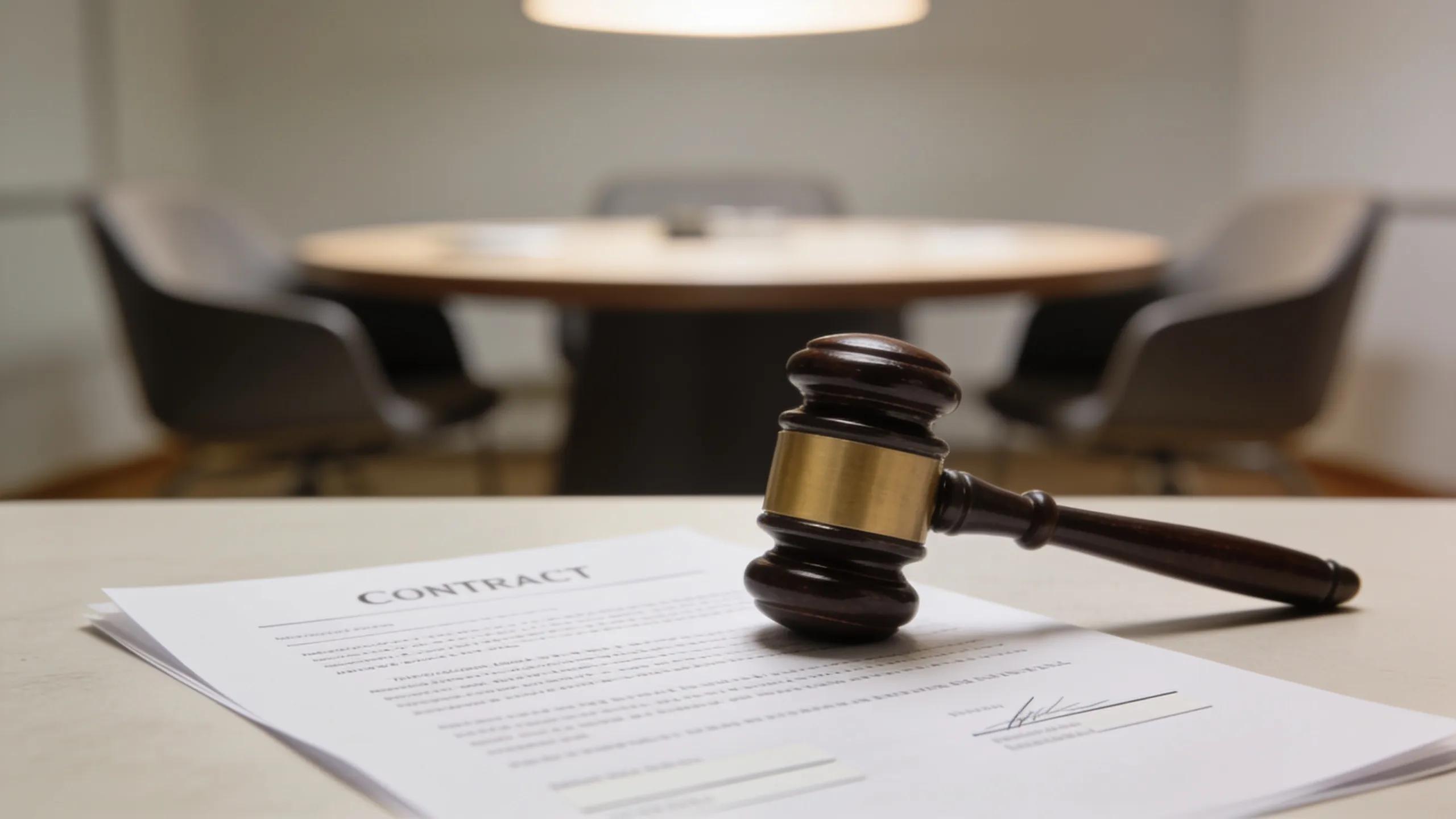 Professional legal image depicting a contract document and gavel in a meeting room