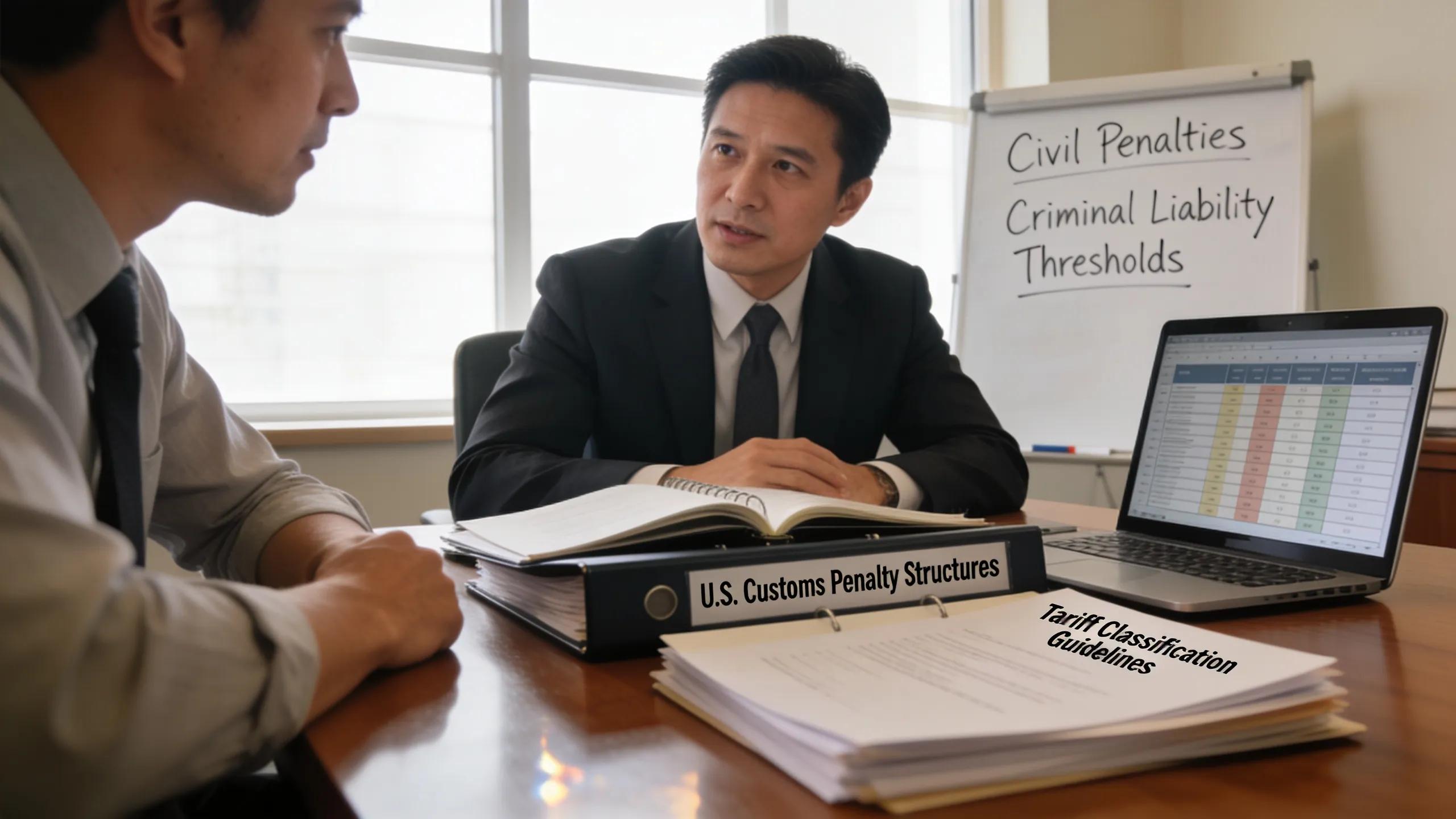 Legal advisor explaining customs penalties to clients