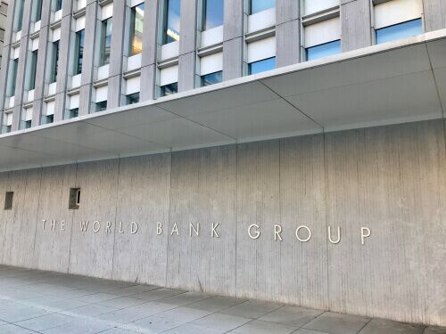 The World Bank Group building exterior with prominent signage, representing international financial institutions involved in global economic development and dispute resolution.