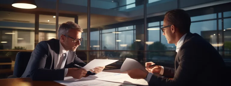 Business professionals engaged in financial dispute resolution, reviewing documents in a modern office setting with large windows.