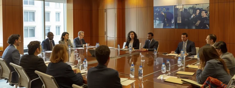 Group of focused professionals engaged in discussion around a conference table, emphasizing collaboration in navigating FIDIC contracts and ICC arbitration for construction projects.