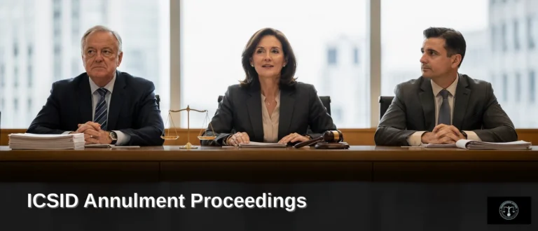 ICSID annulment proceedings tribunal and legal counsel discussing international investment dispute resolution.