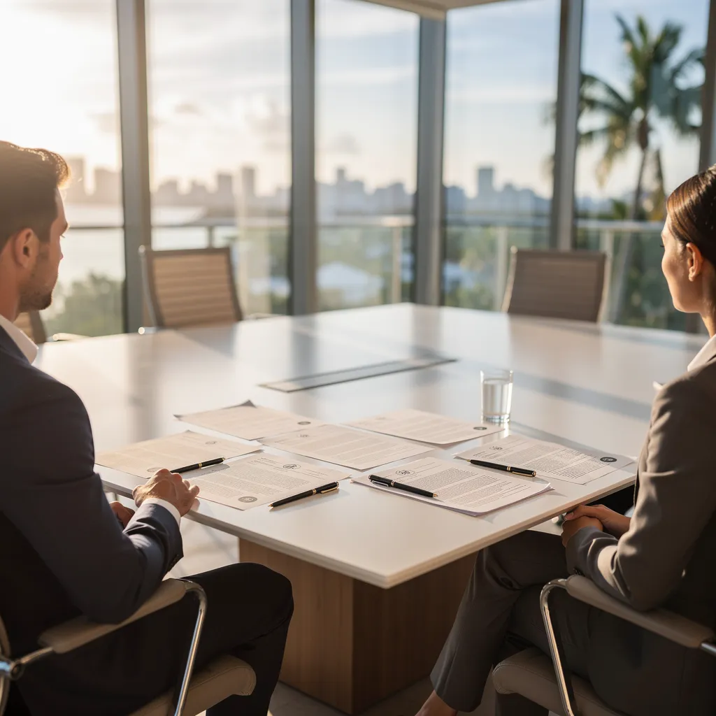 Business professionals reviewing contracts in a Miami conference room during a deceptive trade practices dispute