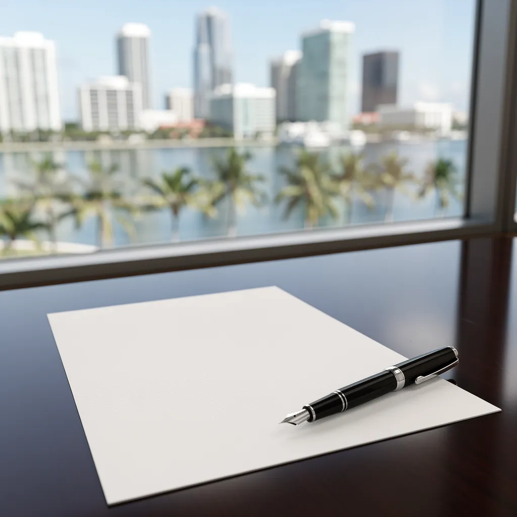 Settlement agreement document and fountain pen on a conference table with Miami skyline view